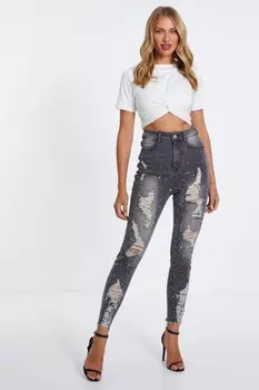 Серые рваные узкие джинсы с отделкой QUIZ Clothing