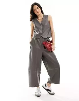 Серые широкие брюки оверсайз из искусственной кожи ASOS