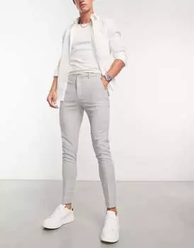 Серые суперузкие брюки в клетку из смесовой шерсти ASOS