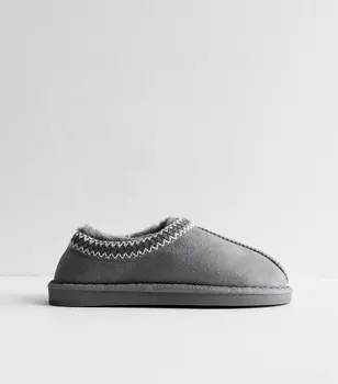 Серые тапочки с абстрактной отделкой на подкладке из искусственного меха New Look, серый