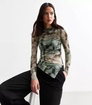 Серый асимметричный топ в сетку с длинными рукавами и чернилами New Look, светло-серый