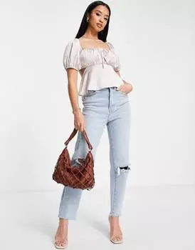 Серый атласный топ с вырезами и завязками спереди Miss Selfridge Petite