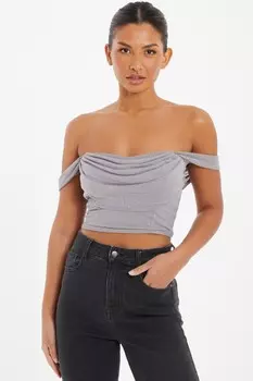 Серый блестящий топ-бюстье Bardot Crop Top QUIZ Clothing