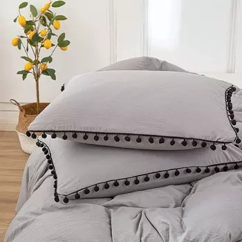 Серый цвет и черный помпон с хлопковой бахромой и кисточками. Пододеяльник из 100% хлопка. Пододеяльник Doona. Комплект пододеяльников Queen King (размер больше 114X118). Generic, Grey