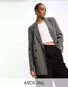 Серый двубортный пиджак в тонкую полоску ASOS Tall