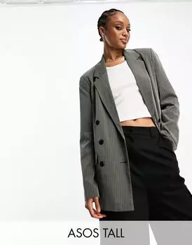 Серый двубортный пиджак в тонкую полоску ASOS DESIGN Tall