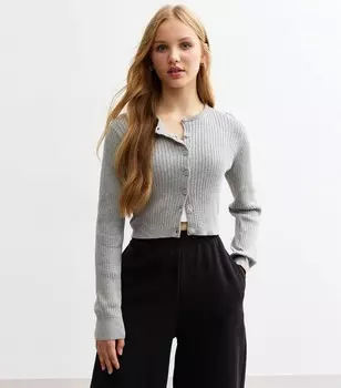 Серый хлопковый кардиган в рубчик с круглым вырезом для девочек New Look, серый