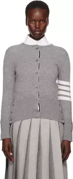 Серый кашемировый кардиган с 4 планками и круглым вырезом Thom Browne