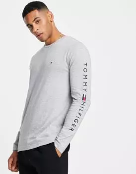 Серый меланжевый хлопковый топ с длинными рукавами и логотипом Tommy Hilfiger