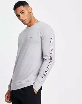 Серый меланжевый хлопковый топ с длинными рукавами и логотипом Tommy Hilfiger