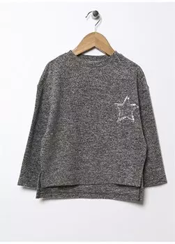 Серый меланжевый свитер для девочек с круглым вырезом и длинными рукавами расшитый пайетками YILDIZ GIRL Limon, серый меланж