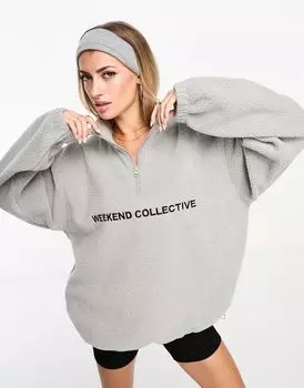 Серый меланжевый свитшот из овчины с воротником на молнии ASOS DESIGN Weekend Collective