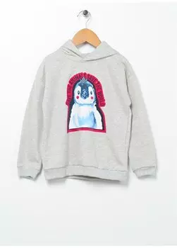 Серый меланжевый свитшот оверсайз с принтом и капюшоном на низкие плечи для маленьких девочек 22FWG-40 Mammaramma, серый