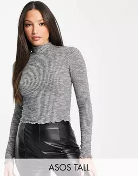 Серый меланжевый топ с длинными рукавами и высоким воротником в рубчик ASOS DESIGN Tall