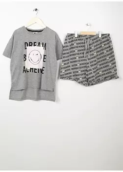 Серый меланжевый женский пижамный комплект с принтом смайликов Never Say Never