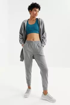 Серый меланжевый женский спортивный костюм-туника с капюшоном и рукавами на молнии с текстовой вышивкой удобной формы TOMMYLIFE