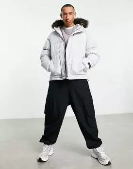 Серый пуховик с капюшоном и принтом из искусственного меха Il Sarto