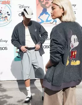 Серый шерстяной бомбер унисекс с принтом Микки Мауса ASOS DESIGN Disney