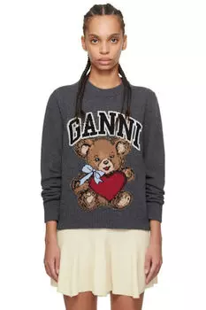 Серый свитер с рисунком медведя GANNI