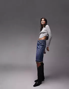 Серый топ с длинными рукавами и закругленным подолом Topshop