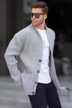 Серый трикотажный кардиган с воротником стойкой и карманами 6815 MADMEXT