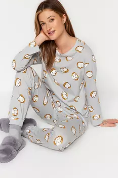 Серый трикотажный пижамный комплект-футболка-джоггер из 100 % хлопка с животным принтом Trendyol
