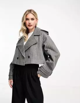 Серый укороченный тренч в тонкую полоску ASOS DESIGN