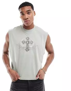 Серый укороченный жилет оверсайз с крестообразным принтом ASOS DESIGN