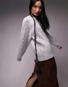 Серый вязаный джемпер с косами реглан Topshop