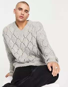 Серый вязаный свитер с v-образным вырезом ASOS DESIGN