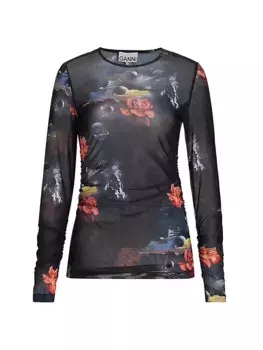 Сетчатая блузка с принтом Ganni, черный