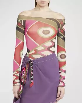 Сетчатая футболка с открытыми плечами и длинными рукавами с абстрактным принтом Emilio Pucci, цвет Khaki/Fuxia