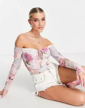 Сетчатое боди с принтом открытки ASOS DESIGN - MULTI