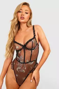 Сетчатое боди с вышивкой Valentine's Celestial boohoo, черный