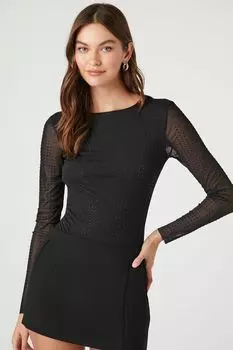 Сетчатое боди со стразами и капюшоном Forever 21, черный