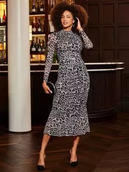 Сетчатое миди-платье с рюшами снежный леопард Sosandar, черный/белый