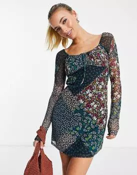 Сетчатое мини-платье мини с длинными рукавами и цветочным принтом ASOS DESIGN ASOS DESIGN