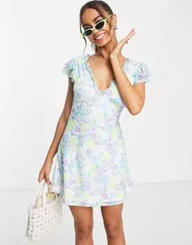 Сетчатое мини-платье мини с оборками на рукавах и цветочным принтом ASOS DESIGN ASOS DESIGN