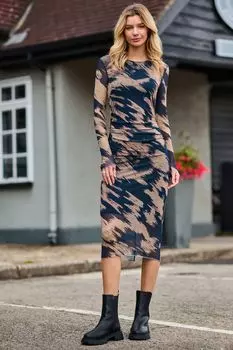 Сетчатое облегающее платье макси с длинными рукавами Jolie Moi, коричневый