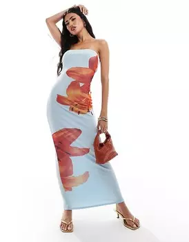 Сетчатое платье-бандо Kaiia с голубым и оранжевым принтом в виде лилий