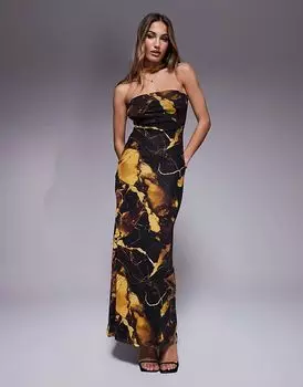 Сетчатое платье-бандо макси с завязкой на шее с желтым мраморным принтом ASOS DESIGN