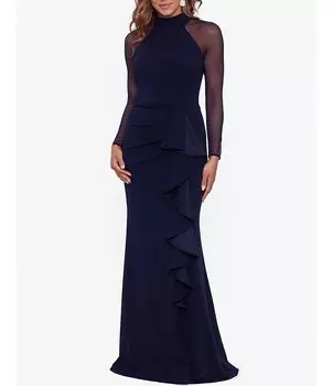 Сетчатое платье Betsy & Adam для миниатюрных размеров с длинными рукавами и воротником-стойкой, каскадными рюшами, крепом с аквалангом и рюшами на талии, синий