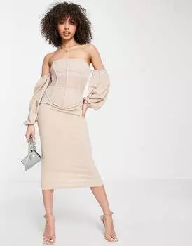 Сетчатое платье-карандаш миди с открытыми плечами и корсетом ASOS DESIGN