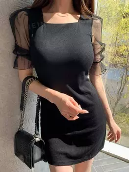 Сетчатое платье Kpop, квадратный вырез Dazy, черный