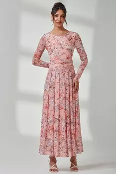 Сетчатое платье макси с цветочным принтом и длинными рукавами Jolie Moi, розовый