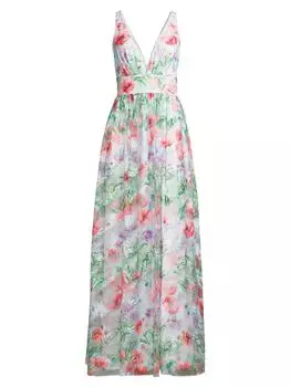 Сетчатое платье макси с цветочным принтом и вышивкой Liv Foster, синий