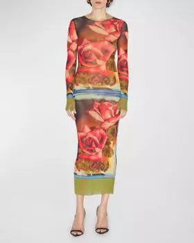 Сетчатое платье макси с принтом роз и длинными рукавами Jean Paul Gaultier, цвет 403050-Greenredblue