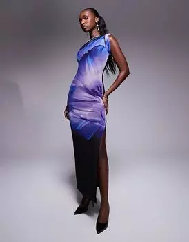 Сетчатое платье макси с разрезом на бедре и одним плечом, с перекрученной отделкой, в фиолетовых цветочных узорах Kaiia