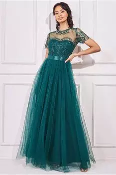 Сетчатое платье макси с вышивкой Goddiva, зеленый