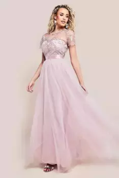 Сетчатое платье макси с вышивкой Goddiva, розовый